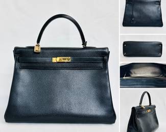 Another view of the classic vintage Hermès Kelly Retourne 32 handbag in black Ardennes leather, authenticated by Entropy. It comes with a single rolled handle, a leather removable shoulder strap, an Hermès "sangle" wide woven strap, and a dust bag.