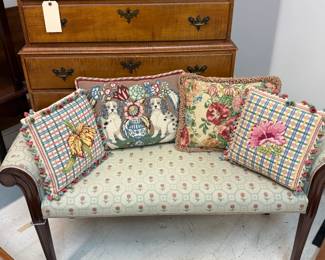 Vintage decorative needlepoint cushions with dogs and floral themes