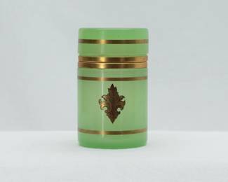 19th C. French Green Glass Lidded Cylindrical Jar – An antique French Green Opaline Glass petite lidded round box or jar with hinged lid, gilded fleur de lis and horizontal band decoration. 19th Century, unmarked, 2-1/2 inches W x 4-1/2 inches H.