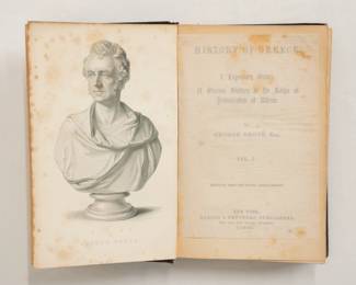 Inside pages of History of Greece by George Grote, published 1865 by Harper & Brothers; hardcover volumes 1-7, volume 9 and 10. 