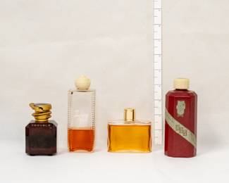 Boucheron Trouble eau de parfum, vintage Toujours Gai Armand Duval perfume bottle with Bakelite rose top, used; Jean Patou Eau De Joy perfume, a vintage His Balance Talcum powder bottle