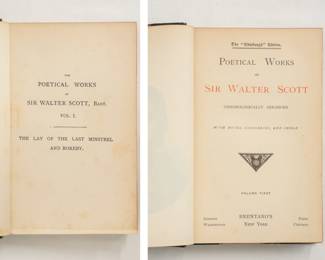 Inside pages of The Poetical Works of Sir Walter Scott, the Edinburgh Edition, volumes 1 through 4
