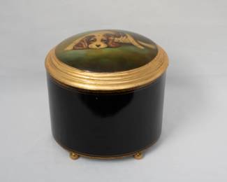 Antique or vintage trinket or jewelry box with a miniature painting of a dog on the hinged lid