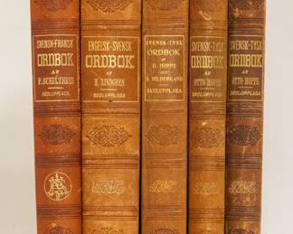 Svensk-Frans Ordbook Skolupplaga af Ferdinand Schulthess, hardcover, published 1901 by P. A. Norstedt & Soners Forlag, Sweden; Engelsk-Svensk Ordbook Skolupplaga af Erik Lindren, hardcover, published 1909 by P. A. Norstedt & Soners Forlag, Sweden; Svensk-Tysk Ordbook Skolupplaga af Otto Hoppe, hardcover, published 1916 by P. A. Norstedt & Soners Forlag, Sweden; Svensk-Tysk Ordbook Skolupplaga af Otto Hoppe, hardcover, published 1913 by P. A. Norstedt & Soners Forlag, Sweden; Svensk-Tysk Ordbook Skolupplaga af Otto Hoppe, hardcover, published 1911 by P. A. Norstedt & Soners Forlag, Sweden