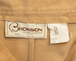Closeup of vintage Bronson of California camel color skirt suit, size 13-14