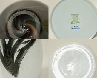 Closeups of the art glass vase, signed, dated 2011; a Copeland Spode "Heritage Blue" milk jug or creamer, and a Kosta Boda 'Tulipa' hand-painted art glass vase by Ulrica Hydman-Vallien. 