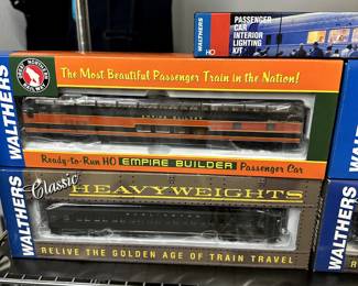 View of some of the Walthers Ready-to-Run HO Empire Builder model train cars and Walthers Classic Heavyweights train cars