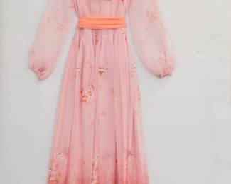 Vintage Malcolm Starr pink printed silk chiffon maxi dress, size 12