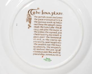 Reverse view of one of four Spode porcelain "Iona" plates from the "Celtic" series, bone china made in England