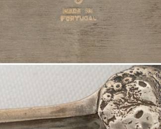Closeups of the silver plate lidded box with beautifully modeled hunting dogs on the lid, monogrammed, made in Portugal; and an antique ornate pair of silver plate grape shears with foxes and fruiting grape vines on the handles, stamped Sheffield; comes with cloth storage pouch from Chicago jewelers C. D. Peacock