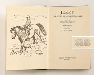 Jerry The Story of an Exmoor Pony by Eleanor E. Helme and Janice Paul, hardcover, published 1949 by Eyre & Spottiswoode, London