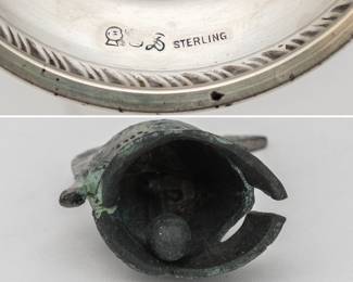 Closeup of a vintage decorative Roman Trojan brass gladiator helmet bell, and vintage Sheffield Silver Co New York sterling silver and cut glass sugar and creamer set