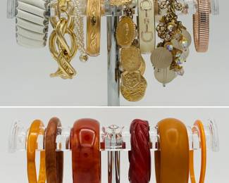 Chunky to sleek bracelets in gold tone, cream, and rhinestone beads, and glowing warm color bangle bracelets in Bakelite, wood and more...