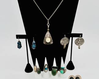 Just some of the great selection of sterling or Mexican silver Native American (or Native inspired) earrings, cuff bracelets, turquoise rings – and check out those big freshwater pearl earrings wrapped in sterling silver!
