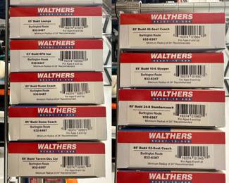 New in box: a Walthers Ready-to-Run 85' Budd Lounge Burlington Route 932-6427, a Walthers Ready-to-Run 63' Budd RPO Car Burlington Route 932-6447, two Walthers Ready-to-Run 85' Budd Dome Coach Burlington Route 932-6487, a Walthers Ready-to-Run Budd Tavern-Obs Car Burlington Route 932-6507, a Walthers Ready-to-Run  85' Budd 46-Seat Coach Burlington Route 932-6307, a Walthers Ready-to-Run  85' Budd 10-6 Sleeper Burlington Route 932-6347, a Walthers Ready-to-Run  85' Budd 24-8 Slumbercoach Burlington Route 932-6367, a Walthers Ready-to-Run 85' Budd 52-Seat Coach Burlington Route 932-6387