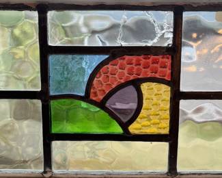 M3 - $75. Stained Glass with hooks to hang in the window. Measures 20" x 15". Has crack & hole in top center clear panel. 