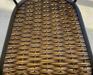 M76 - $140. Glass top patio table with chairs. Table is 42" across x 30" tall. Chairs are 18" wide x 16" X 36" tall. No name that we can find. Table wicker and chairs show some wear but still sturdy & usable! 