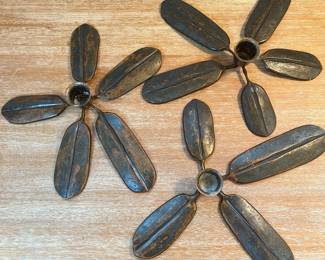 M66 - $25. Set of 3 Metal Leaf Candle Holders. Signed Bill B. 