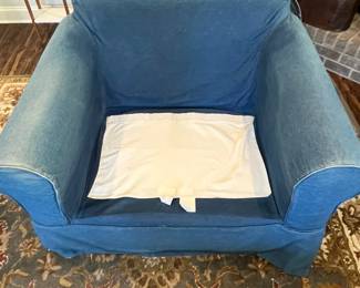 M72 - $250. Craftmaster Chair with Denim Slipcover. Measures 48" wide x 38" deep x 31" tall. 