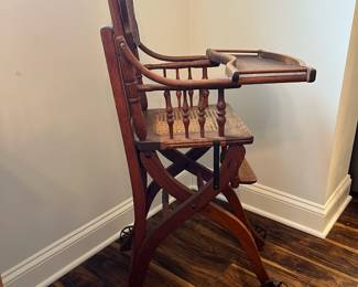 M63 - $50. Antique High Chair / Stroller Combo. Measures 17.5" wide x 21" deep as highchair (x 36" deep as a stroller ) x 39.75" tall as a highchair (32" tall as a stroller) 