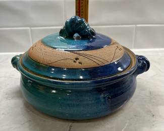 M101 - $15. Lidded Pottery Dish. Measures 10" across x 5" tall. 