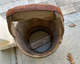M78 - $20. Wooden Well Bucket with Handle. Measures 13" x 24". NO BOTTOM. Needs repair. 