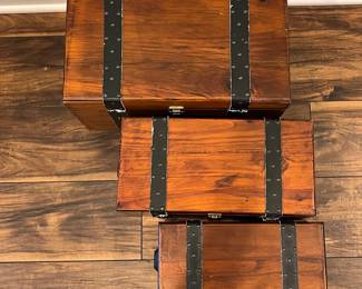 M80 - $30. Decorative Wooden Crates. Leather straps have all been torn off but the boxes themselves are in good condition. All open and can be used for display or storage. Largest is 17" x 9" x 10" tall. 