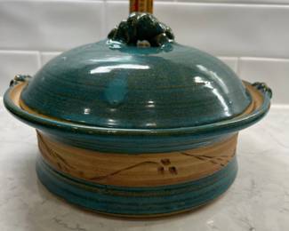 M100 - $15. Lidded Pottery Dish. Measures 9.5" across x 4.5" tall. 