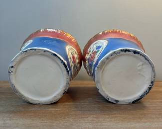 M5 - $45. PAIR Painted Cachepots. Measures 5.75" across x 4.75" tall. They do have some very minor chipping. 
