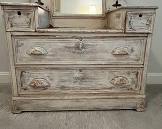 M8 - $175. Shabby Chic Vanity. Measures 41" wide x 18" deep x 72". Drawers all slide!