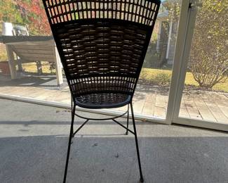 M76 - $140. Glass top patio table with chairs. Table is 42" across x 30" tall. Chairs are 18" wide x 16" X 36" tall. No name that we can find. Table wicker and chairs show some wear but still sturdy & usable! 