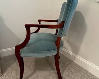 M47 - $35. Single Arm Chair. Measures 24" wide x 19" deep x 34" tall. Velour fabric is more of a green blue than it looks in the photo. 
