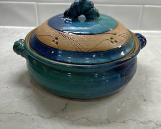 M101 - $15. Lidded Pottery Dish. Measures 10" across x 5" tall. 