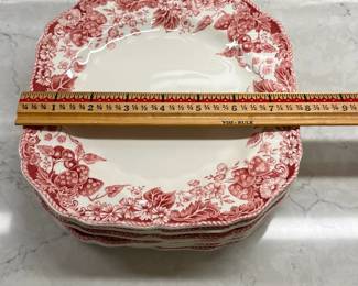 M22 - $300. "Strawberry Fair" Made in England Johnson Brothers. 8 dinner plates. 8 square salad plates. 8 Bread & Butter. 8 saucers. 7 cups. 8 Berry Bowls. 1 platter. 1 serving bowl. 1 gravy boat. 1 covered serving bowl. 