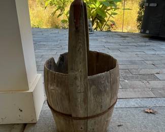 M78 - $20. Wooden Well Bucket with Handle. Measures 13" x 24". NO BOTTOM. Needs repair. 