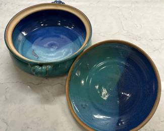 M101 - $15. Lidded Pottery Dish. Measures 10" across x 5" tall. 