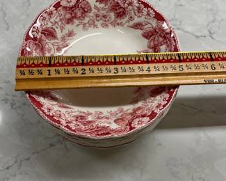 M22 - $300. "Strawberry Fair" Made in England Johnson Brothers. 8 dinner plates. 8 square salad plates. 8 Bread & Butter. 8 saucers. 7 cups. 8 Berry Bowls. 1 platter. 1 serving bowl. 1 gravy boat. 1 covered serving bowl. 