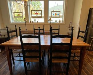 M23 - $575. Southern Season Farmhouse Dining Table & 6 Rush Seat Chairs. Table Measures 72" x 41" x 30.5" tall. 6 chairs are 17.5" wide x 18" floor to seat x 44.5" tall. Designed to look old but they are modern & sturdy!