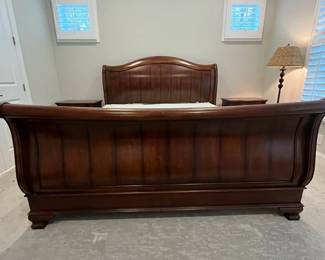M34 - $225. King Bed Frame. NO Mattress included. Measures 81" wide x 95" long. Footboard is 36" tall. Headboard is 59" tall. 