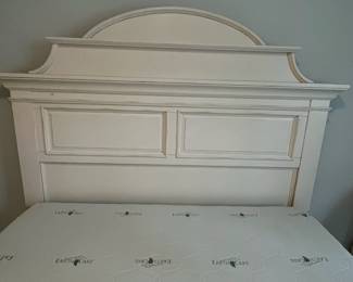 M38 - $450. Universal Furniture Queen Bed - off white. Measures 69" wide x 88" deep x 69" tall. Sturdy and in very good condition. (Clean Earth Care Mattress included if you'd like it.)