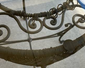 M76 - $140. Glass top patio table with chairs. Table is 42" across x 30" tall. Chairs are 18" wide x 16" X 36" tall. No name that we can find. Table wicker and chairs show some wear but still sturdy & usable! 