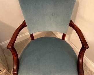 M47 - $35. Single Arm Chair. Measures 24" wide x 19" deep x 34" tall. Velour fabric is more of a green blue than it looks in the photo. 