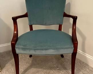 M47 - $35. Single Arm Chair. Measures 24" wide x 19" deep x 34" tall. Velour fabric is more of a green blue than it looks in the photo. 