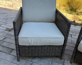 M74 - $175. 3 Piece Set. Chairs are both bouncy chairs - cushions are in good condition. 23" wide x 30" deep. Storage ottoman has removable tray with handles. 17.5" square x 18" tall. All pieces are sturdy!