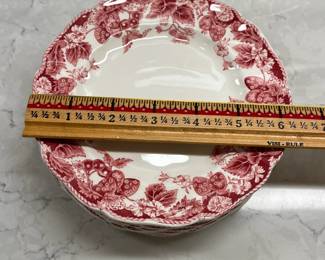 M22 - $300. "Strawberry Fair" Made in England Johnson Brothers. 8 dinner plates. 8 square salad plates. 8 Bread & Butter. 8 saucers. 7 cups. 8 Berry Bowls. 1 platter. 1 serving bowl. 1 gravy boat. 1 covered serving bowl. 