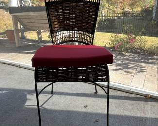 M76 - $140. Glass top patio table with chairs. Table is 42" across x 30" tall. Chairs are 18" wide x 16" X 36" tall. No name that we can find. Table wicker and chairs show some wear but still sturdy & usable! 