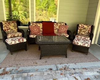 M71 - $300. 6 Piece Patio Set from Sam's Club. Coffee Table. 2 Chairs & Ottomans. 1 couch. (Ottomans also work as seats that slide under the coffee table) Cushions are ok - but not great. Furniture is all solid though! Has been used in a covered screened in porch. 