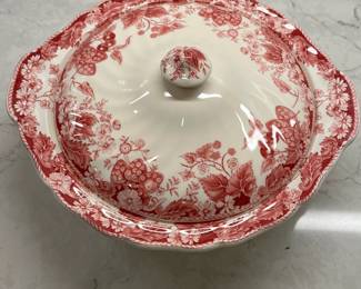 M22 - $300. "Strawberry Fair" Made in England Johnson Brothers. 8 dinner plates. 8 square salad plates. 8 Bread & Butter. 8 saucers. 7 cups. 8 Berry Bowls. 1 platter. 1 serving bowl. 1 gravy boat. 1 covered serving bowl. 