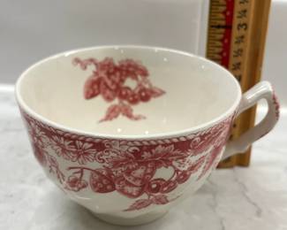 M22 - $300. "Strawberry Fair" Made in England Johnson Brothers. 8 dinner plates. 8 square salad plates. 8 Bread & Butter. 8 saucers. 7 cups. 8 Berry Bowls. 1 platter. 1 serving bowl. 1 gravy boat. 1 covered serving bowl. 