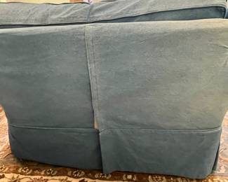 M72 - $250. Craftmaster Chair with Denim Slipcover. Measures 48" wide x 38" deep x 31" tall. 
